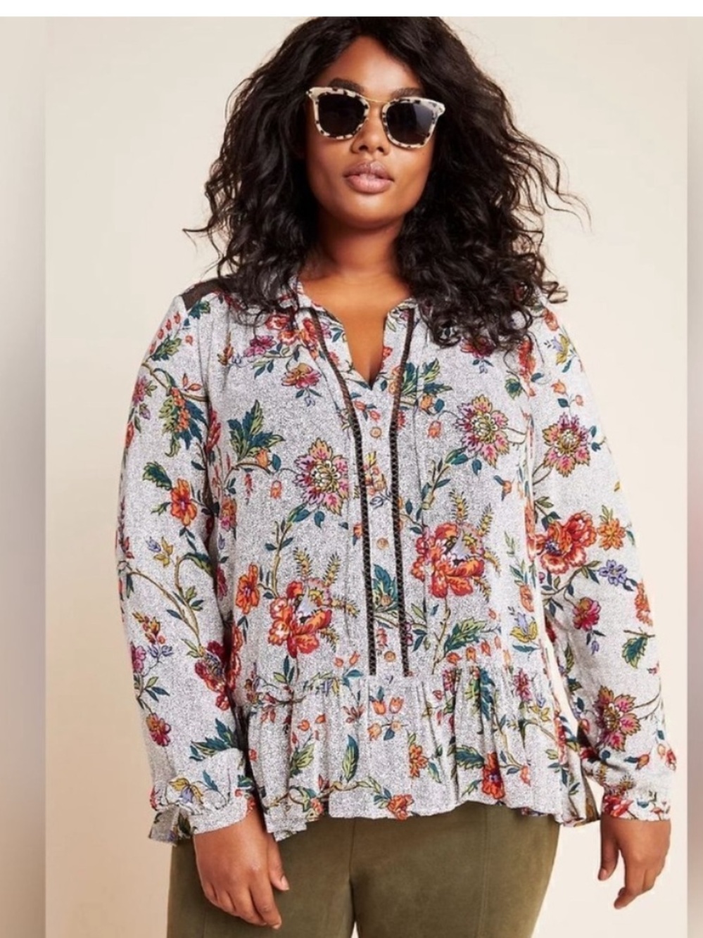 Floral Peplum Blouse in White with Multicolor Blooms - Picture 3 of 5